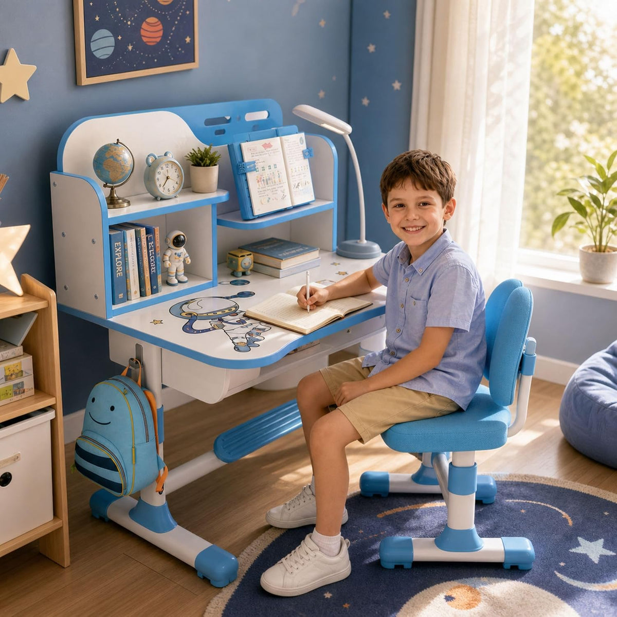 HEVIRGO Kids Desk and Chair Set, Height Adjustable Study Table with Drawer