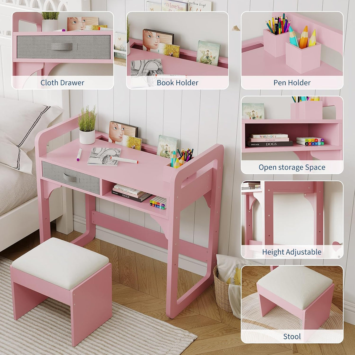 IDEALHOUSE Versatile Kids Desk and Chair Set, Pink