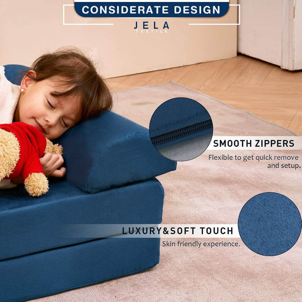 jela Kids Play Couch, Safety Certified Toddler Modular Foam Couch,Convertible Playroom Furniture,Soft Building Fort Set Indoor (57"x28"x18", Navy Blue)