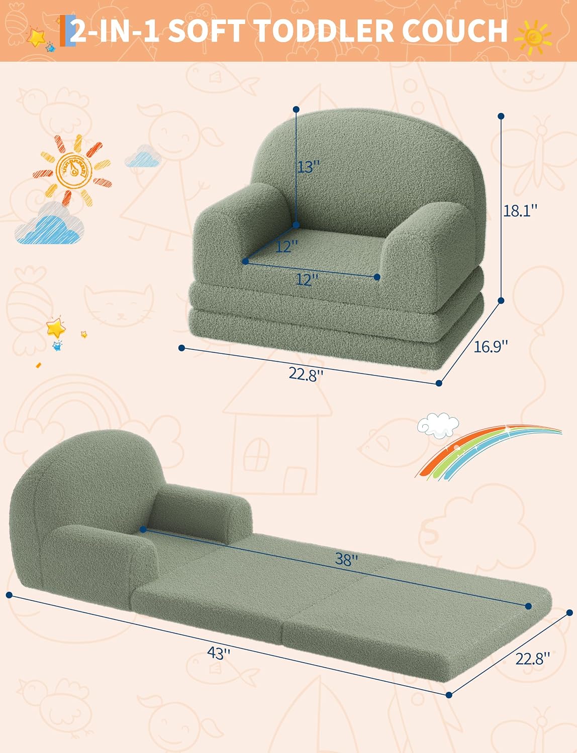 2-in-1 Convertible Kids Sofa Chair, Fold Out Toddler Couch for Reading and Napping, High-Density Foam Sherpa Toddler Chair, Soft Lounger for Playroom and Nursery, Green