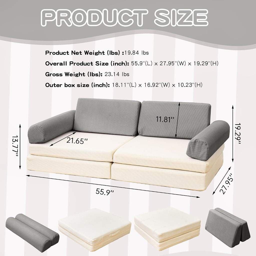 Modular Kids Play Couch, 5 Second Quick Bounce High Density Foam, Corduroy Fabric, Kids Sofa that Inspires Toddler Creativity for Playroom Bedroom Living Rooms Toddler Sofa -Grey and Beige