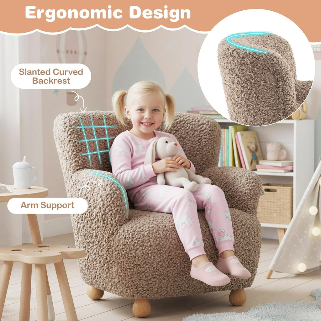 Costzon Kids Sofa, Comfy Toddler Armchair with Solid Rubber Wood Legs, Upholstered Children Reading Chair for Boys & Girls Aged 3+, Kids Furniture Mini Recliner Chair for Bedroom, Playroom (Coffee)