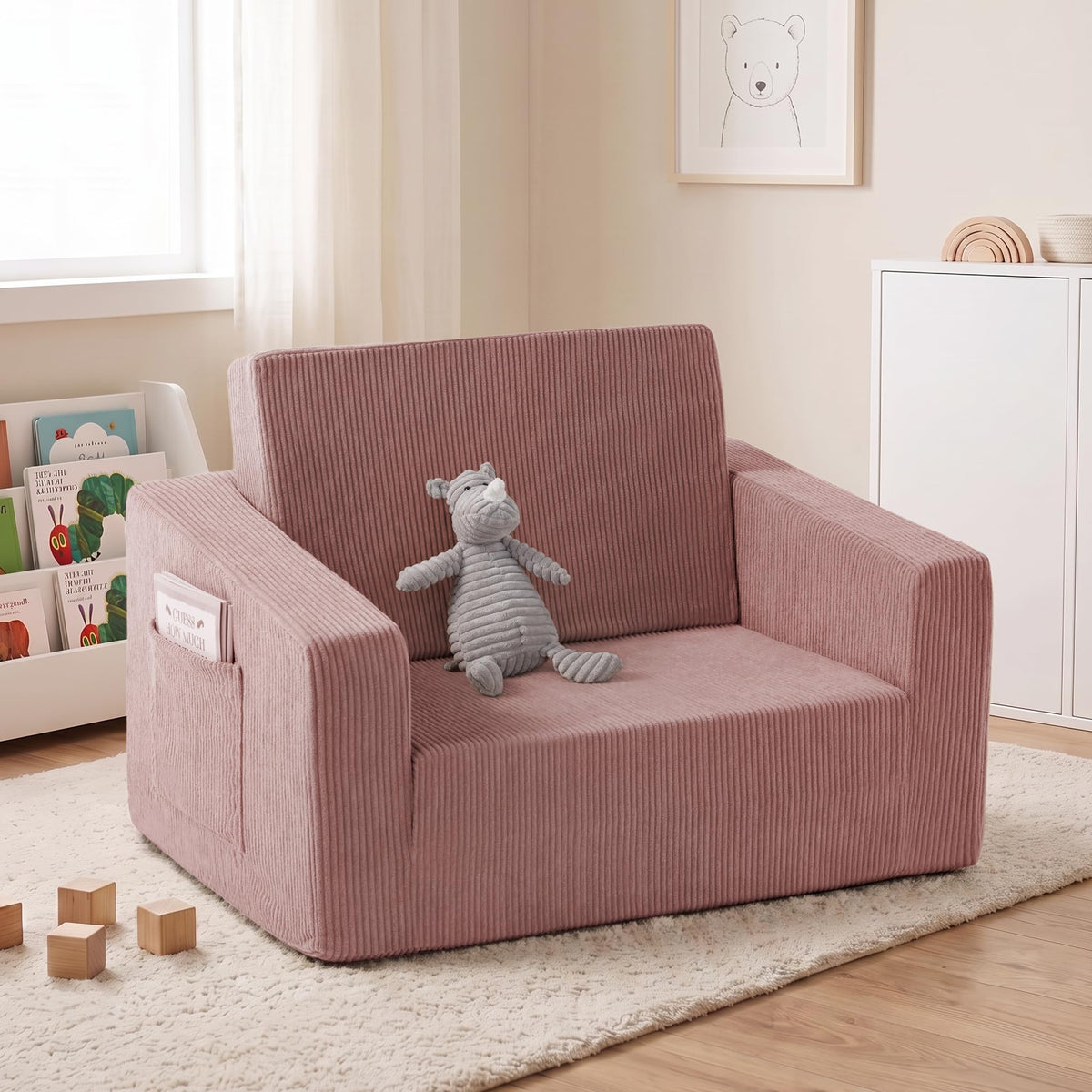 2-in-1 Kids Chair and Couch, Larger Cozy Corduroy Kids Sofa, Grey