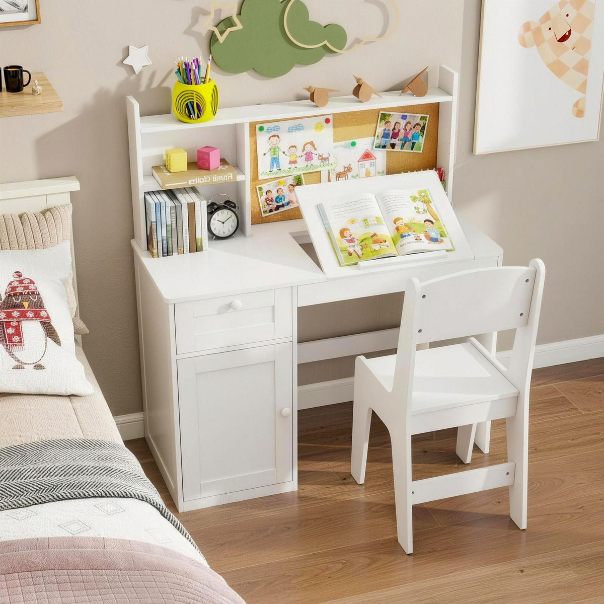 Kids Desk and Chair Set with 0-105° Tiltable Desktop for Ages 5-12, White