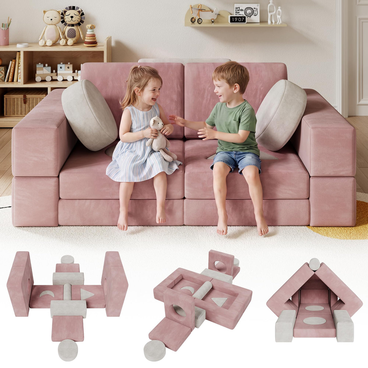 Modular Kids Play Couch, 17-Piece Kids Couch with Shape Pillows & Window Panels, Convertible Play Couch for Kids, Toddler Couch, Kids Sofa with Washable Covers for Playroom, Bedroom, Reading Nook-Grey