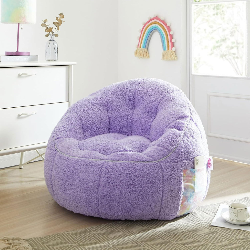 Heritage Kids Soft Teddy Sherpa Purple Bean Bag Chair with Side Pocket,Cozy Seating for Relaxing