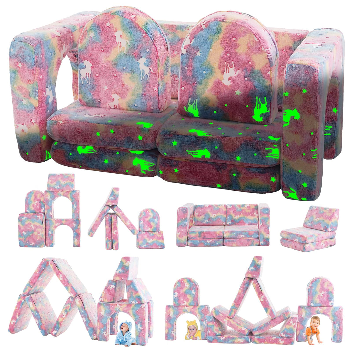 wanan Kids Couch 10PCS, Modular Kids Play Couch for Playroom Bedroom, 10 in 1 Multifunctional Kid Sofa for Playing, Creativing, Sleeping, Indoor Toddler Couches for Boys and Girls(Grey)