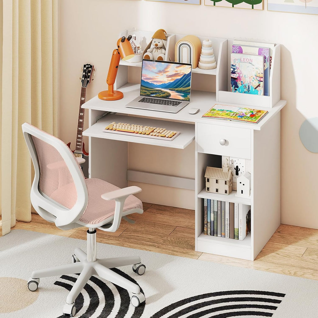 Costzon Kids Desk, Wooden Children Study Desk w/Hutch, Storage Shelves, Bookshelf & Keyboard Tray for Home School Writing, Reading or Drawing, Computer Workstation Student Table for Boys Girls 3+