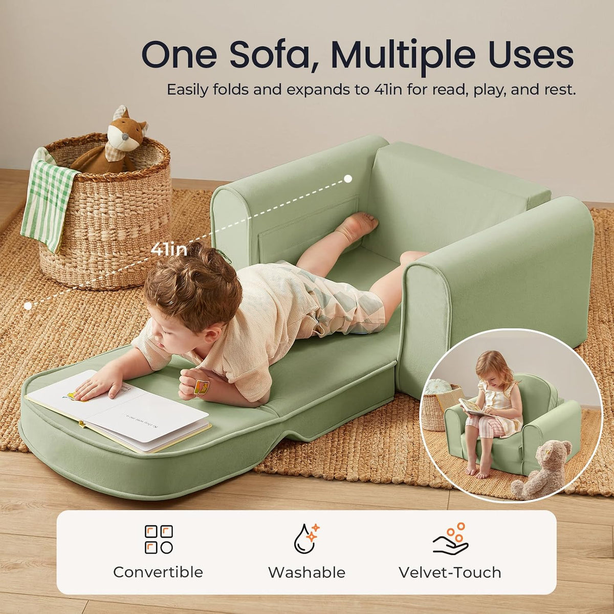 Tiny Land 2-in-1 Foldable Kids Couch with Pocket Soft Thick Toddler Sofa