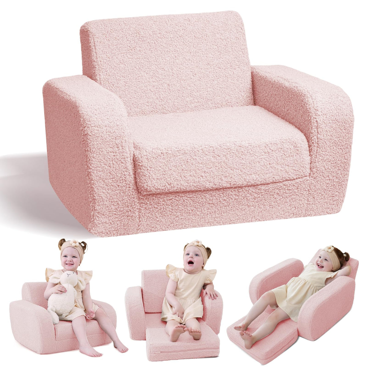 KidBloom 3-in-1 Toddler Couch, Toddler Chairs Comfy 2-3 Years Old, Gray