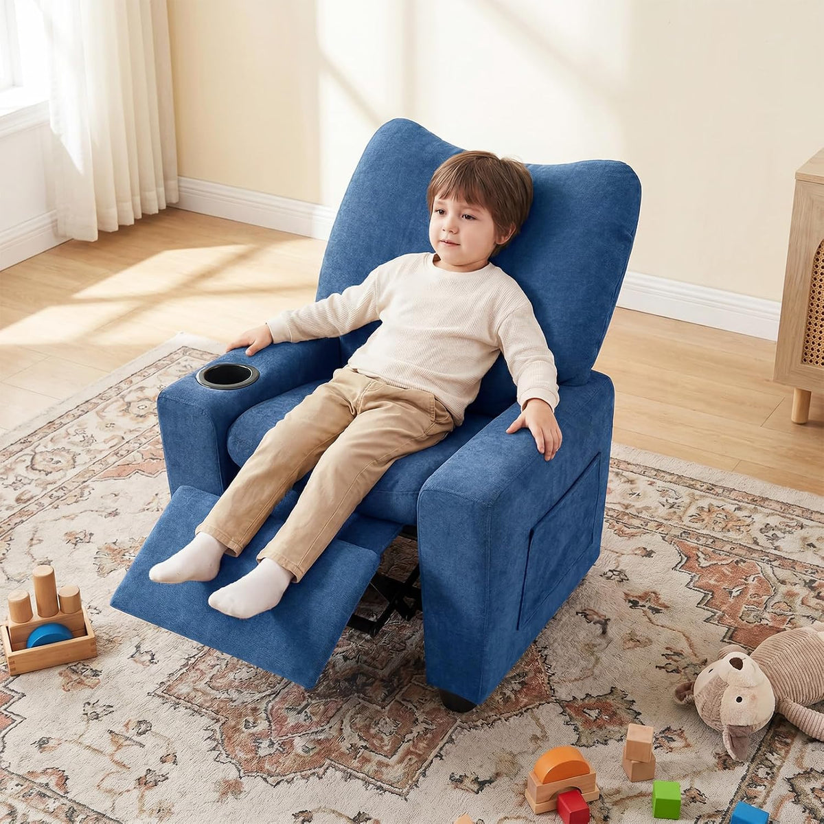 HONEY JOY Kids Recliner with Cup Holder, Chenille Fabric Upholstered Push Back Toddler Sofa w/Storage Pockets, Adjustable Backrest & Footrest, Child Reclining Chair for Ages 3+, Navy