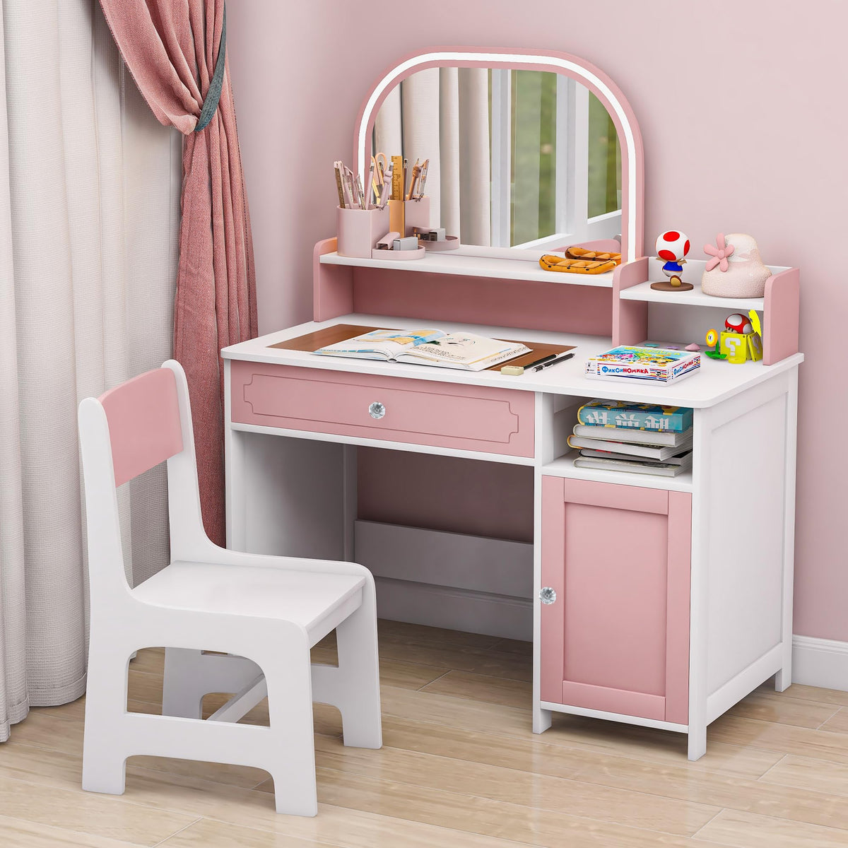 Kids Desk and Chair Set with Cork Board & Removable LED Light, White