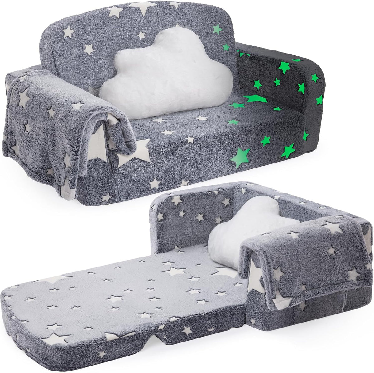 Foryoomi Extra Wide Kids Couch, 2-in-1 Soft Toddler Couch with Blanket, Glow in The Dark, Comfy Toddler Chair, Convertible Sofa, Star