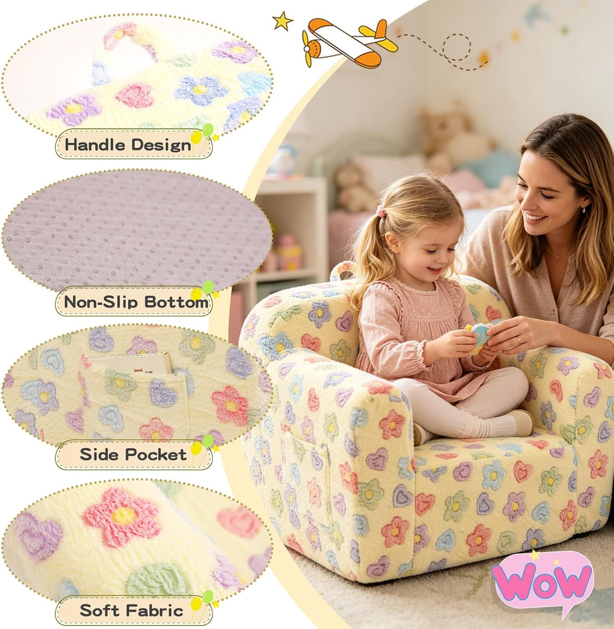 Tiita Kids Sofa, Childrens Couch with Carry Handle, Portable Toddler Foam Sofa Couch, Lightweight Kids Chair for Playroom, Dorm Room, Small Space, Flower