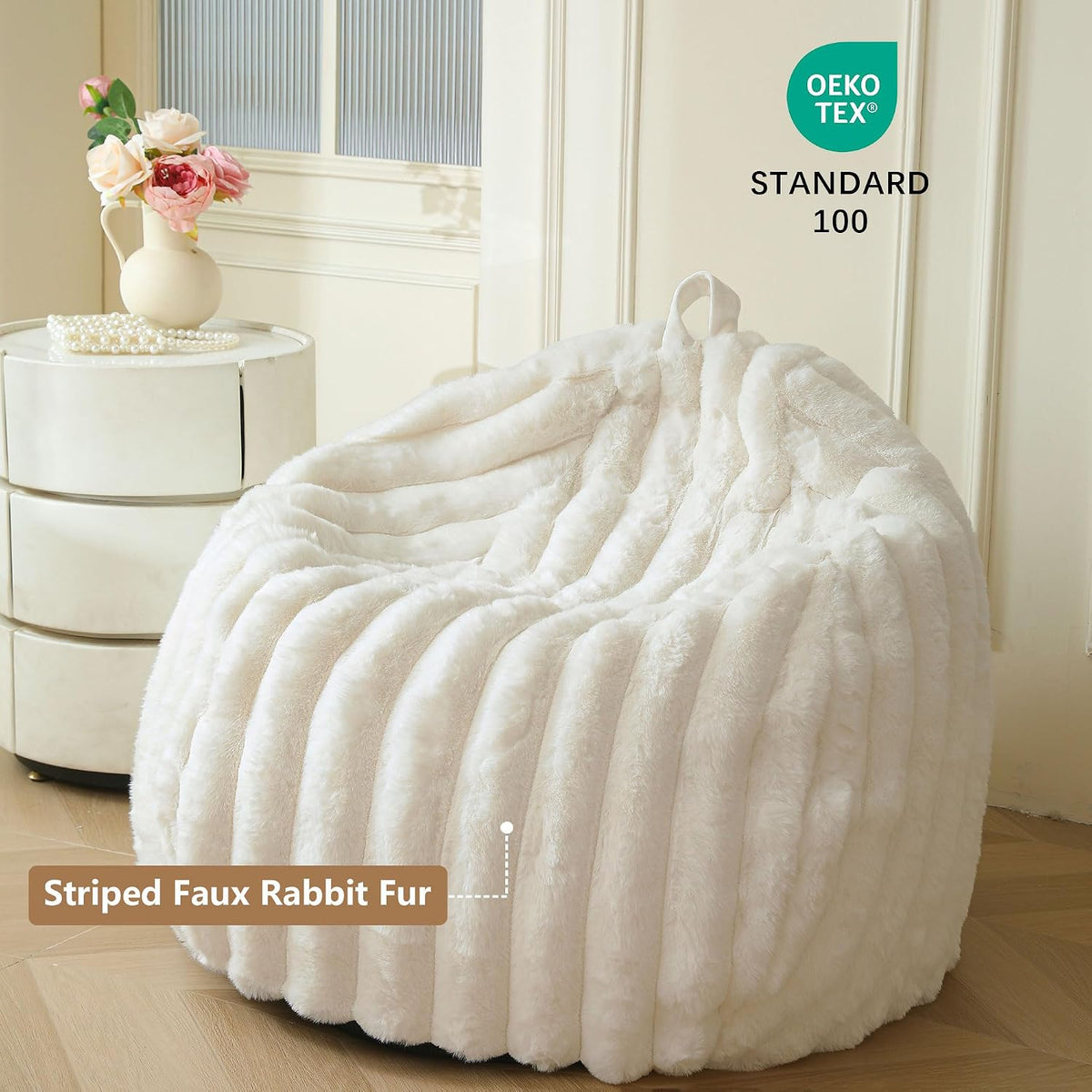 MEGO Kids Fluffy Faux Rabbit Fur Bean Bag Chair Cover, No Filler, Beige