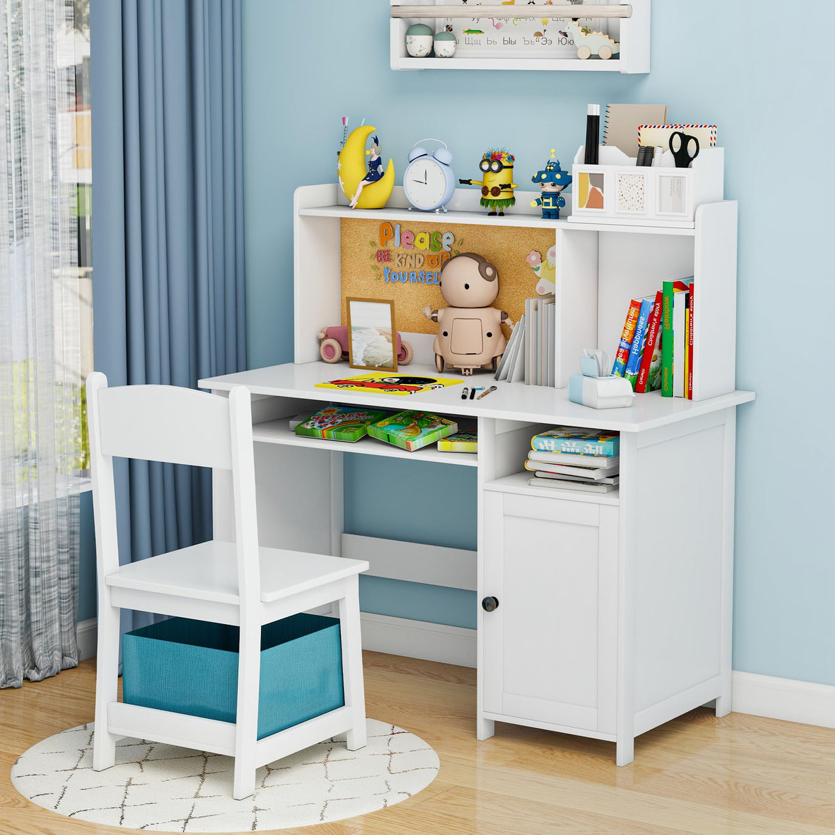 Kids Desk and Chair Set with Cork Board & Removable LED Light, White