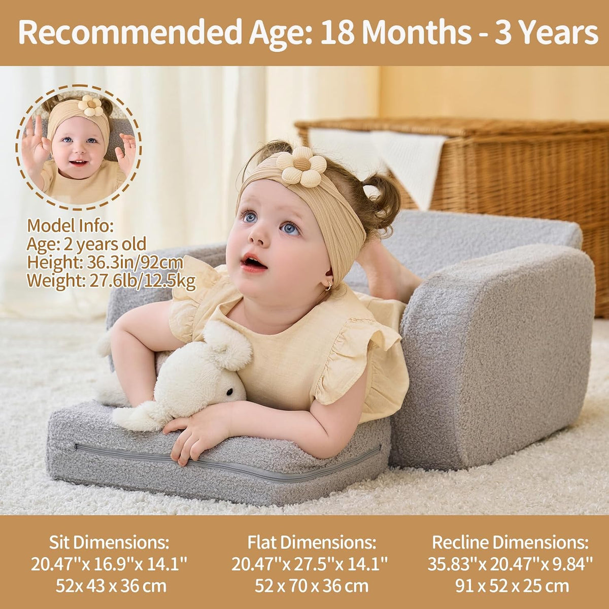 KidBloom 3-in-1 Toddler Couch, Toddler Chairs Comfy 2-3 Years Old, Gray