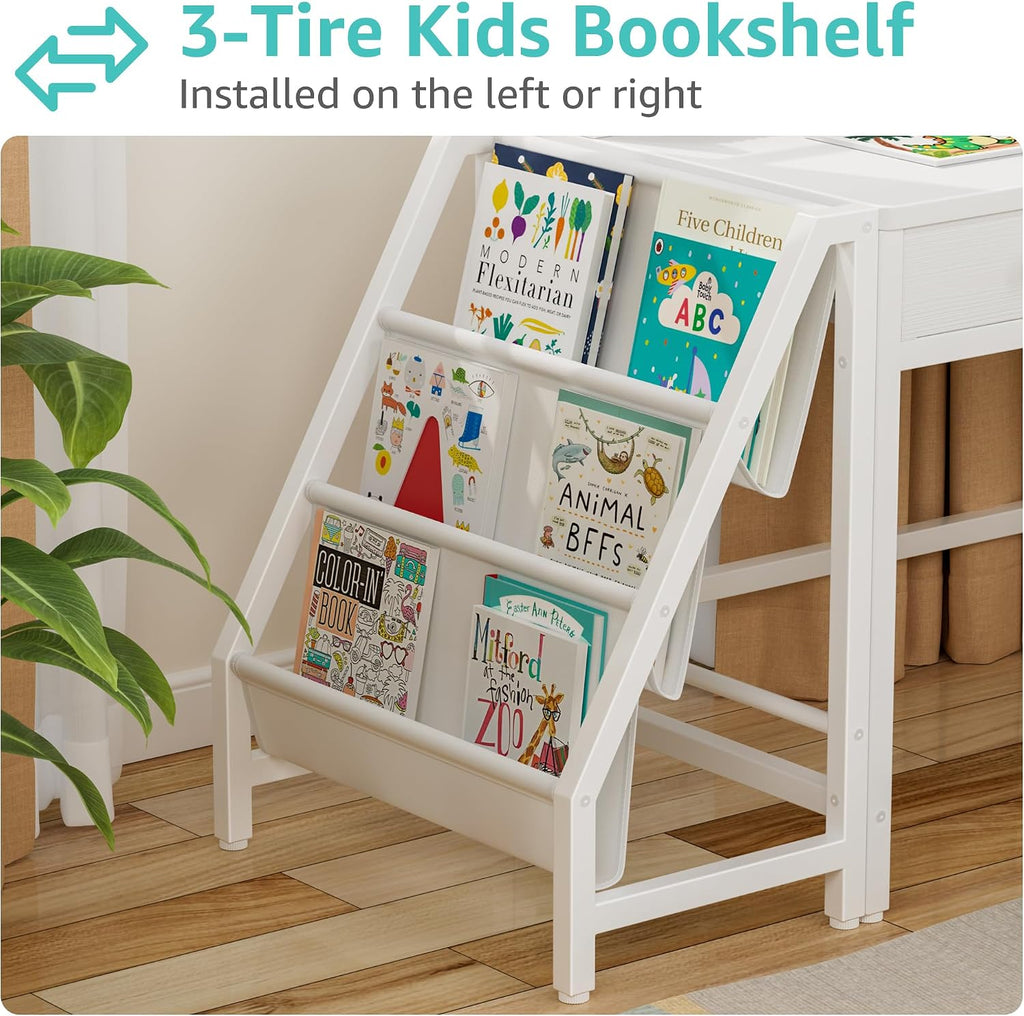 White Kids Desk and Chair Set for 5-8 Year Old Girls Boys, Small Child Desk with Bookshelf, Children Study Table with Fabric Drawer and Storage