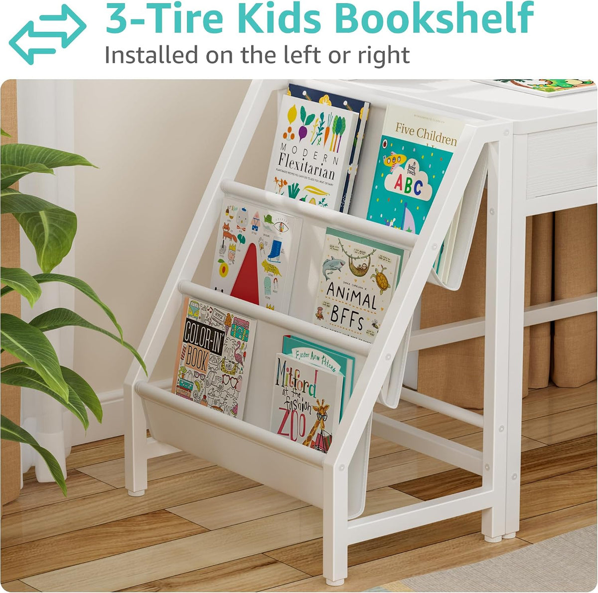 White Kids Desk and Chair Set for 5-8 Year Old Girls Boys, Small Child Desk with Bookshelf, Children Study Table with Fabric Drawer and Storage