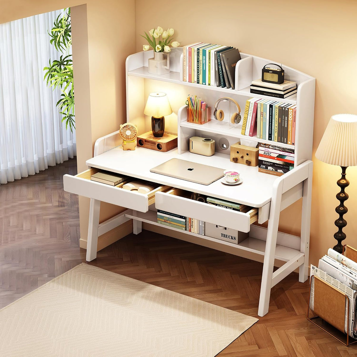 Kids Desk＆Table with Drawers and Bookshelf Wooden Kid's Media Student Learning Computer Workstation and Writing Desk (White)