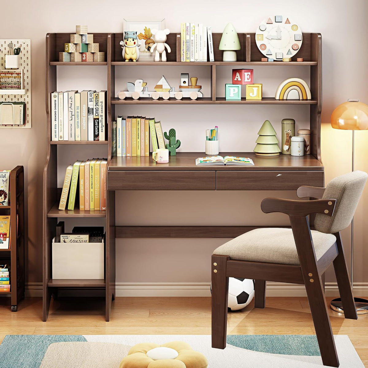 Kids Desk Kids Table and Chair Set with Drawers and Bookshelf Rubber Wood Kid's Media Desk Student Learning Computer Workstation and Writing Desk(Brown)