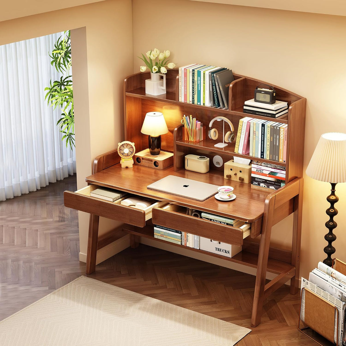 Kid's Desk Kid's Table with Drawers and Bookshelf Wooden Kid's Media Desk Student Learning Computer Workstation and Writing Desk （Brown）