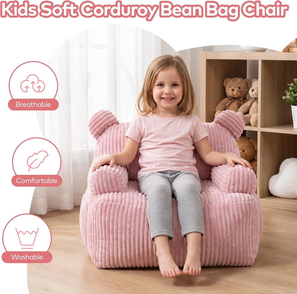Kids Bear Ear Bean Bag Chair, Stuffed Toddler Sofa Chair with Pocket, Lazy Floor Chair for Boys and Girls, for Gaming, Reading