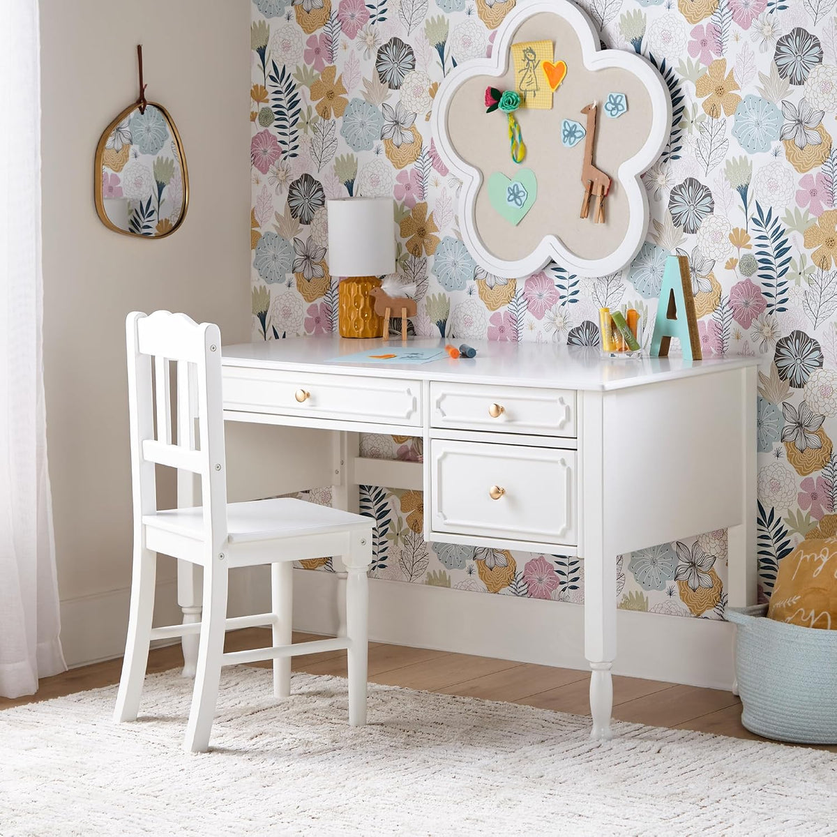 Guidecraft Avery Kids' Desk and Chair Set - White: Girls Wooden Study Desk with Storage Drawers, Computer Workstation for Children
