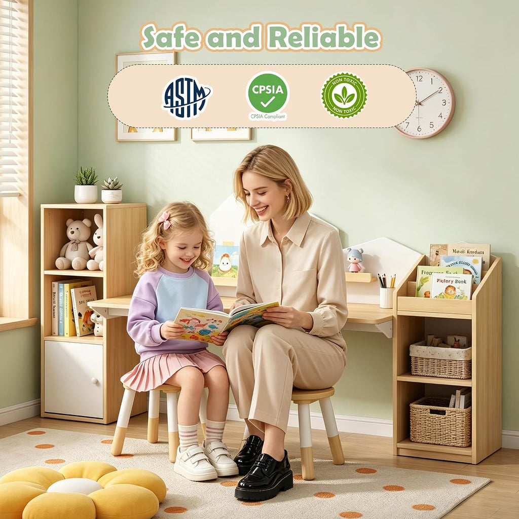 Wooden Kids Study Desk with Storage and 2 Stools, Kids Study Desk and Chair Set, Children Study Table with Bookshelves, Boys & Girls Study Desk for Ages 3-8, Bedroom, Toddler (House)