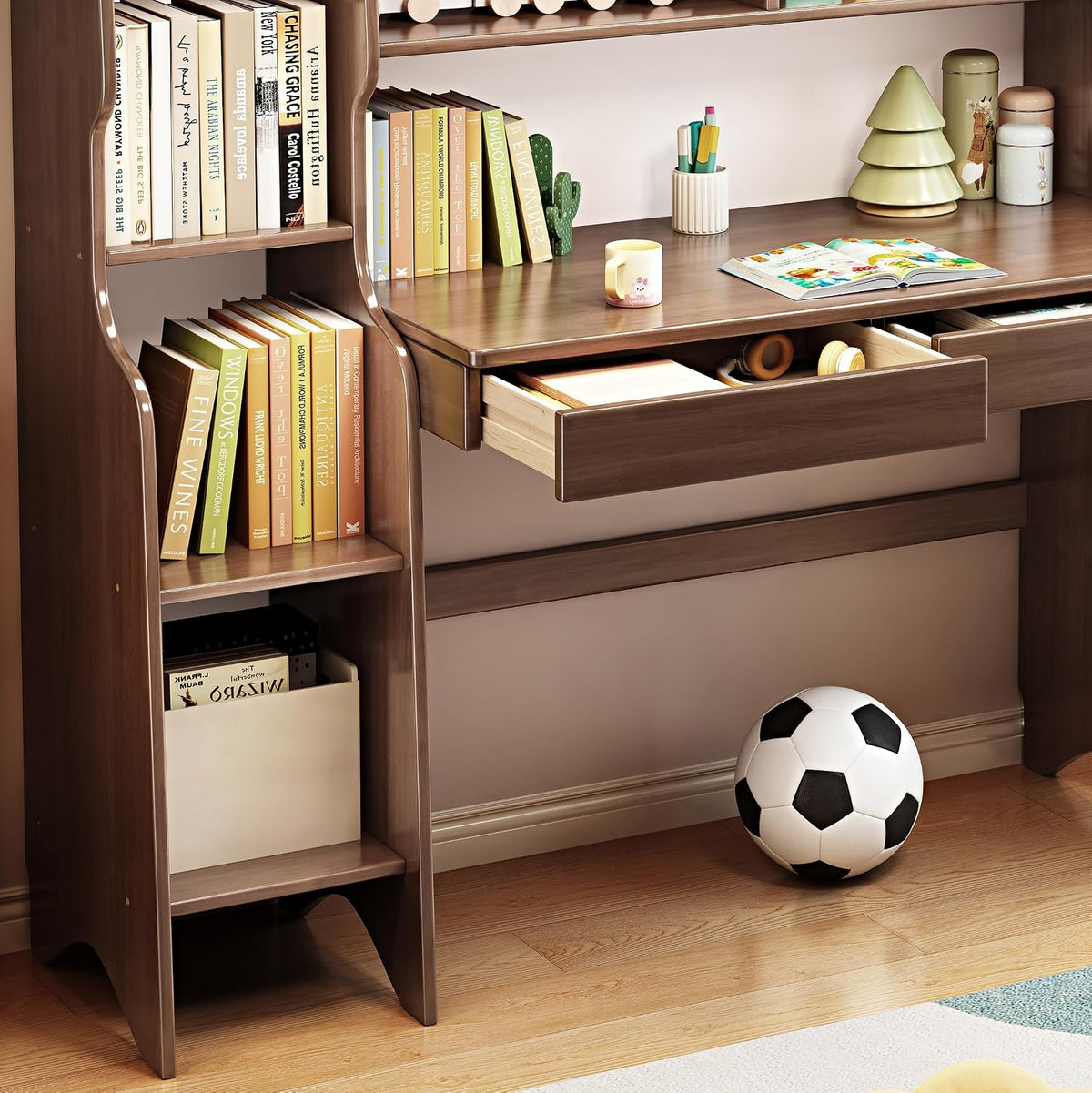 Kids Desk Kids Table with Drawers and Bookshelf Wooden Kids Media Desk Student Learning Computer Workstation and Writing Desk (Brown)