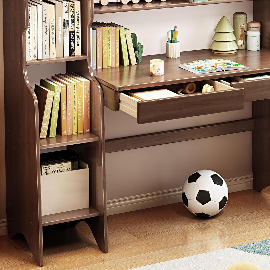 Kids Desk＆Table and Chair Set with Drawers and Bookshelf Wooden Kid's Media Desk Student Learning Computer Workstation and Writing (Brown)