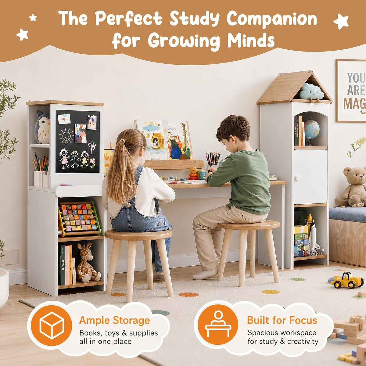 Kids Desk with Blackboard & 2 Stools