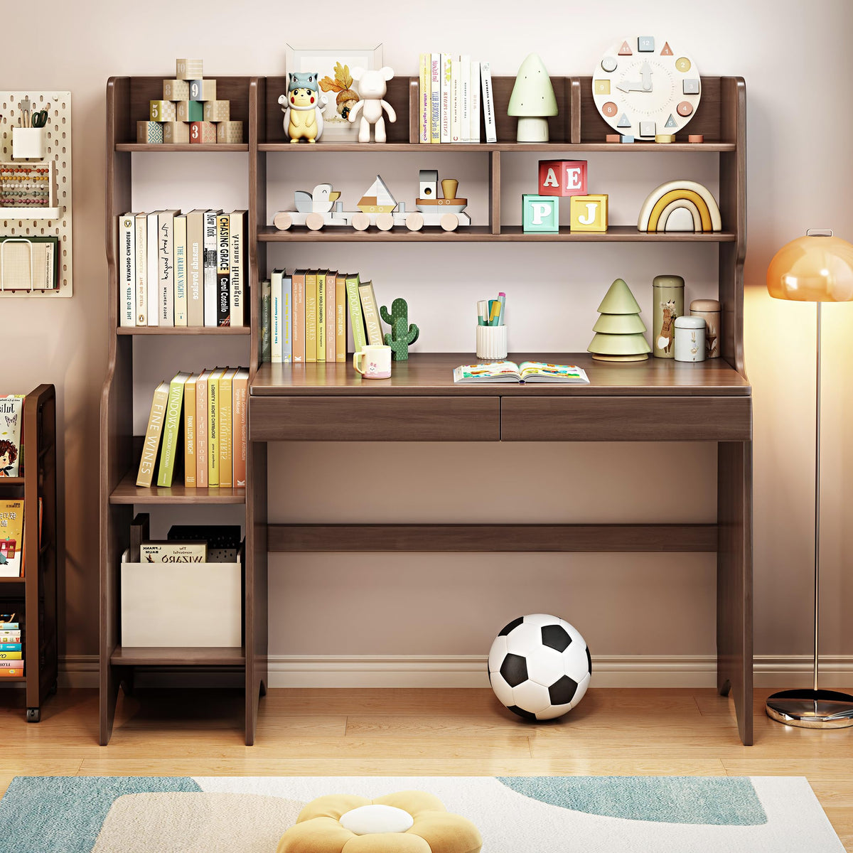 Kids Desk Kids Table with Drawers and Bookshelf Wooden Kids Media Desk Student Learning Computer Workstation and Writing Desk (Brown)