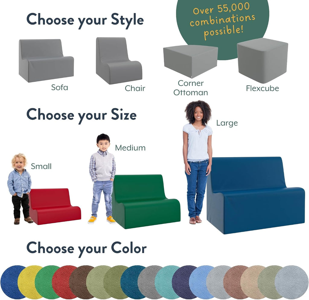 Children's Factory Medium Contour Sofa, Mix-and-Match Kids Chairs, Sofas, Corner Ottomans and Cubes, Foam-Filled and Water-Resistant, Flexible Seating for Classroom Elementary, Fog Blue Kids Couch