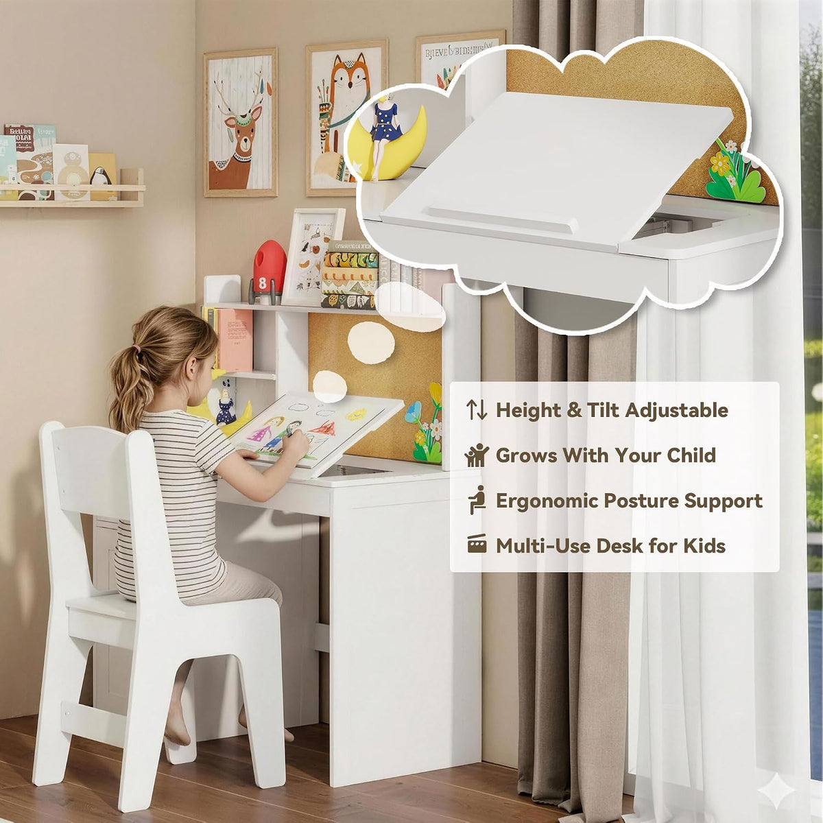 Kids Desk and Chair Set with 0-105° Tiltable Desktop for Ages 5-12, White