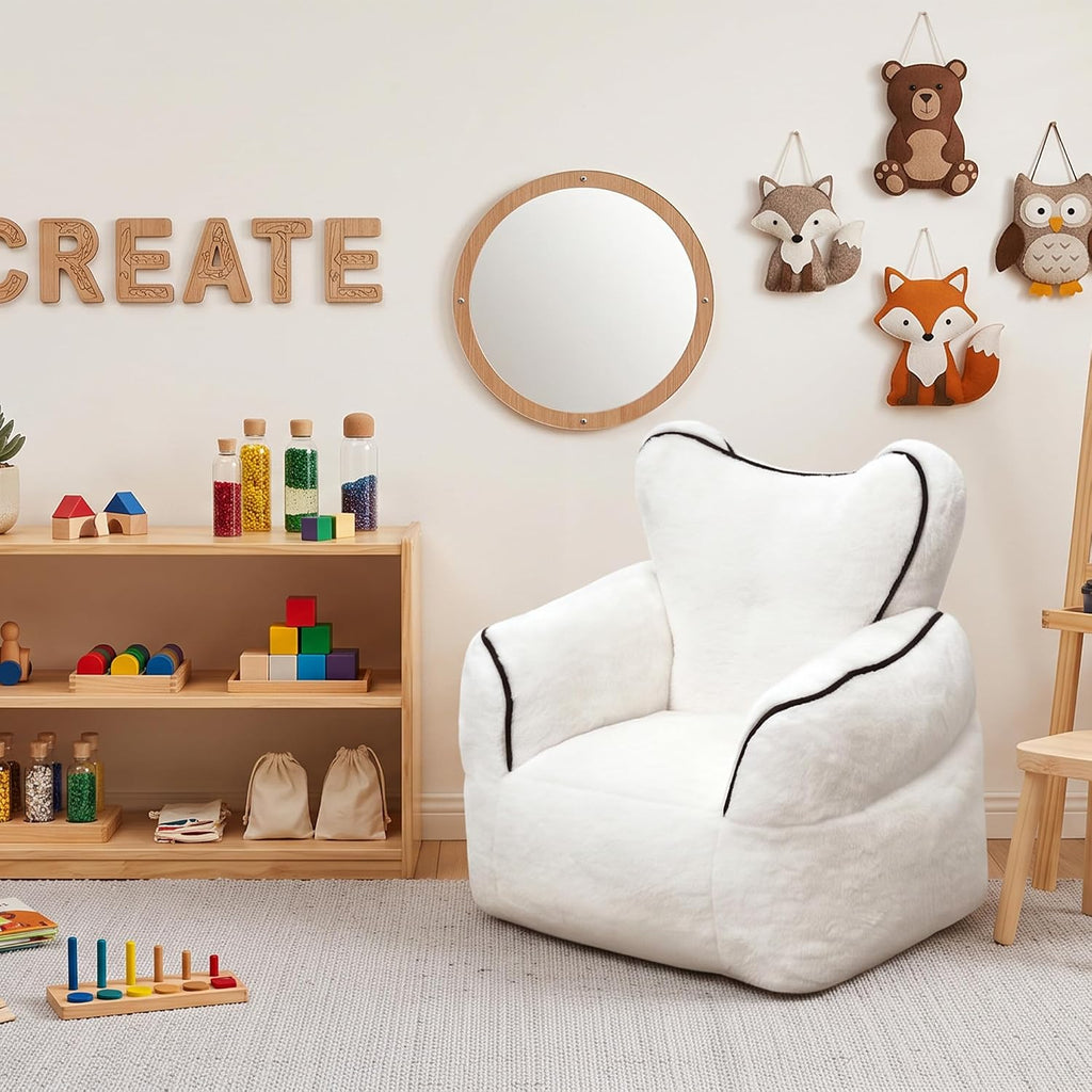 Heart-Shaped Kids Faux Fur Bean Bag Chair, Cozy Plush Lounger with High-Density Foam, Soft Reading Chair for Children's Bedroom Playroom, White