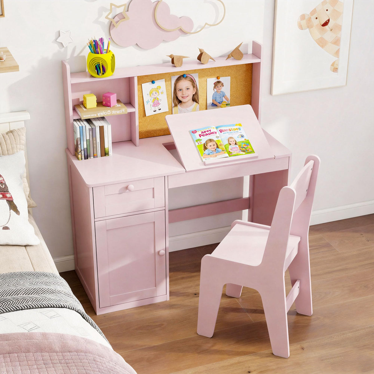 Kids Desk and Chair Set with 0-105° Tiltable Desktop for Ages 5-12, White