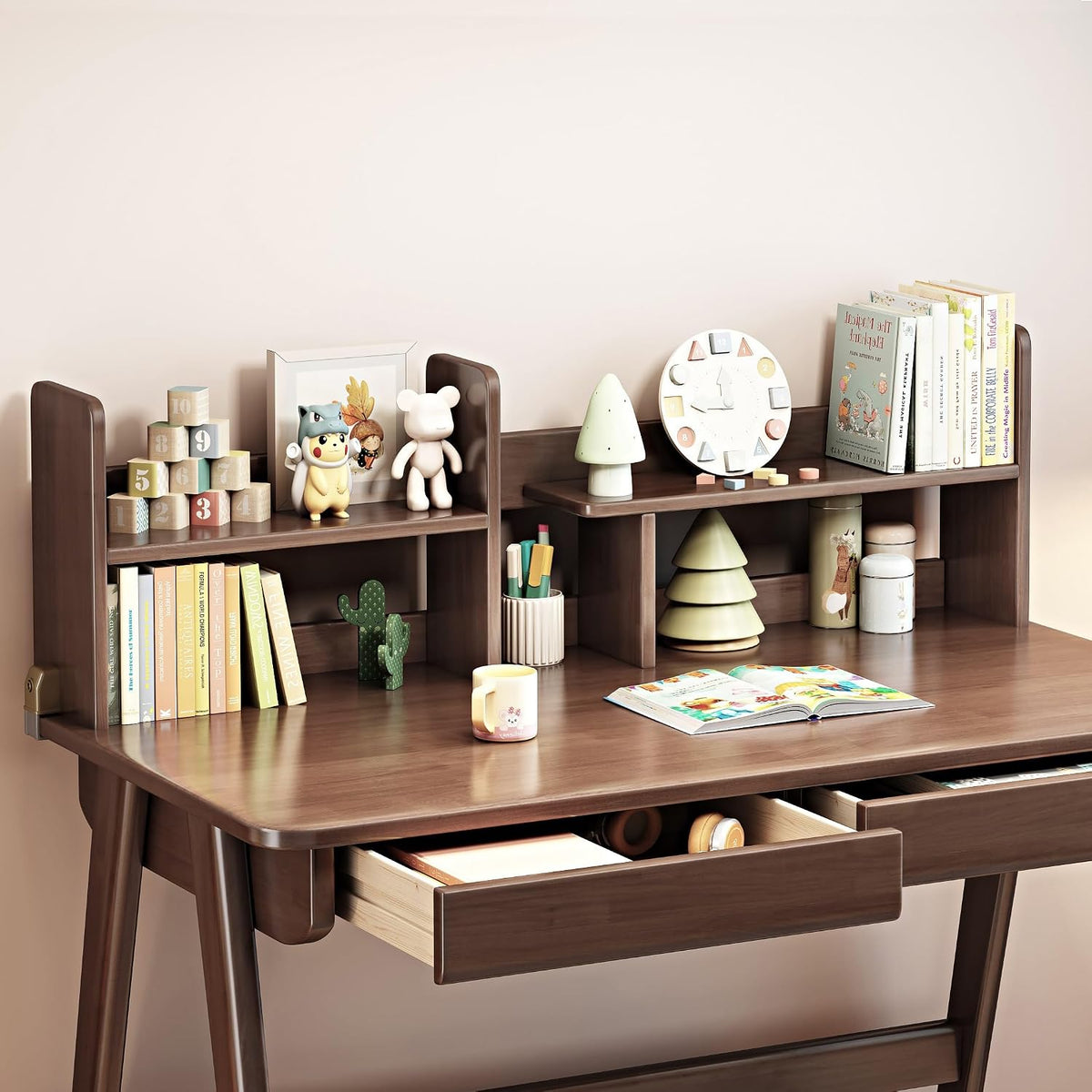 Kids Desk＆Table Rubber Wood Children’s Study Desk with Bookshelf and Two Drawers Desk for 3 Years Old and Above Student's Study Computer Workstation & Writing Table for Home Use(Brown