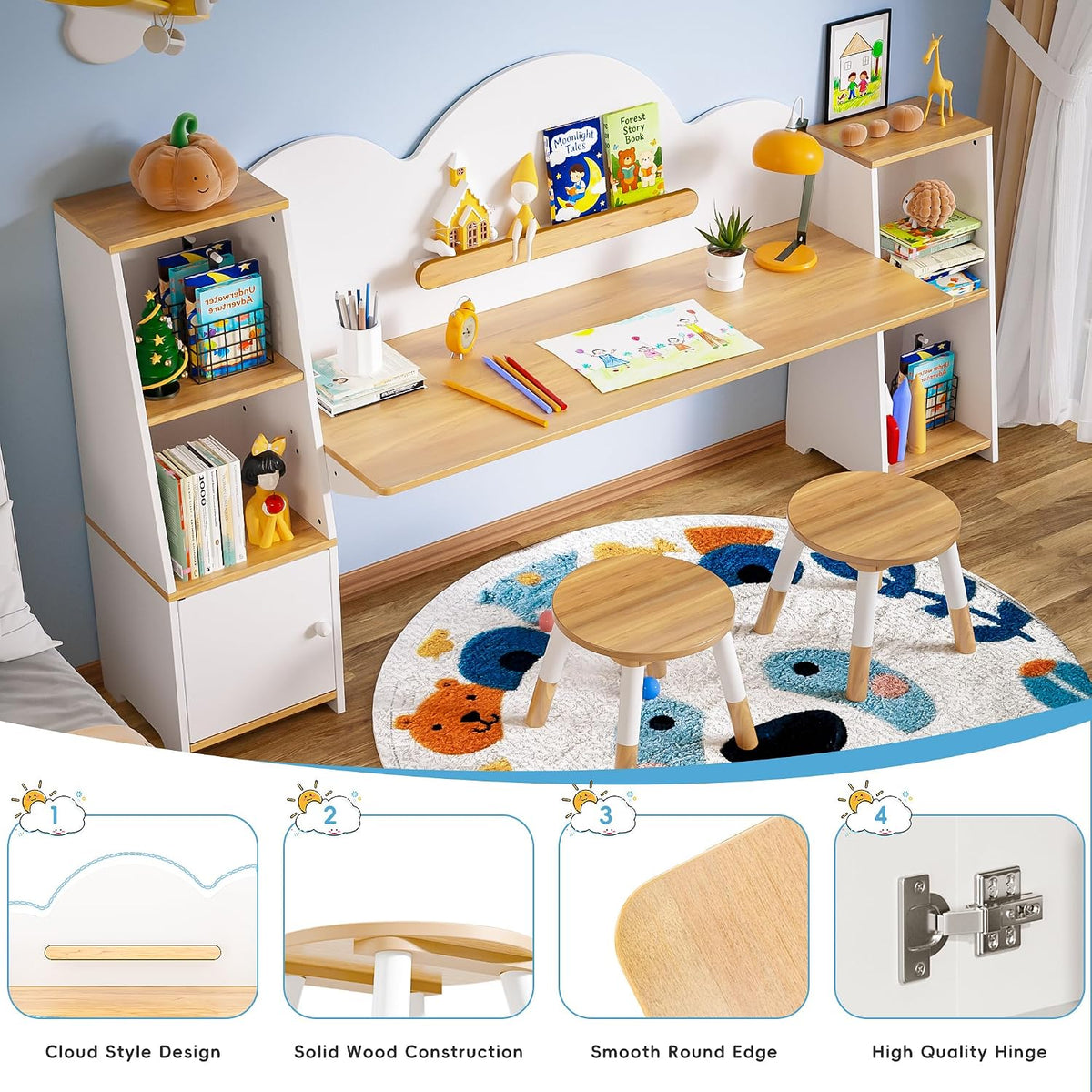 Wooden Kids Study Desk with Storage and 2 Stools, Kids Study Desk and Chair Set, Children Study Table with Bookshelves, Boys & Girls Study Desk for Ages 3-8, Bedroom, Toddler