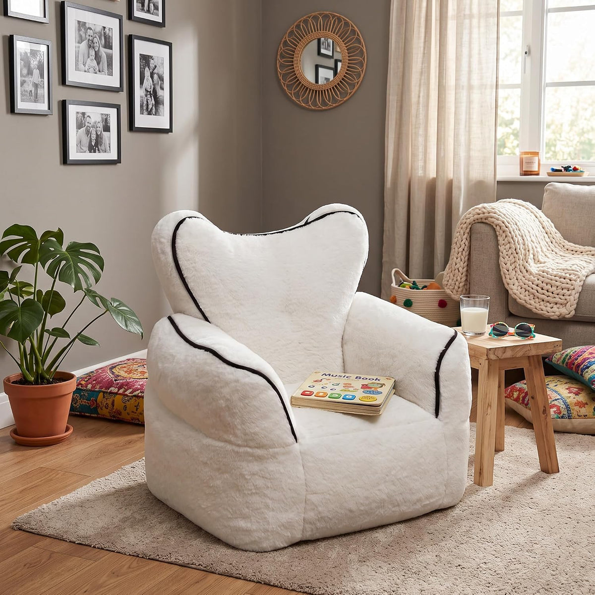 Heart-Shaped Kids Faux Fur Bean Bag Chair, Cozy Plush Lounger with High-Density Foam, Soft Reading Chair for Children's Bedroom Playroom, White