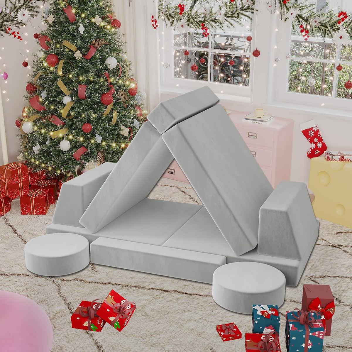 Modular Kids Play Couch, Kids Sectional Couch Sofa, Bedroom and Playroom Convertible Foam for Toddlers, Floor Cushion for Imaginative Boys and Girls (Light Grey-Suede)
