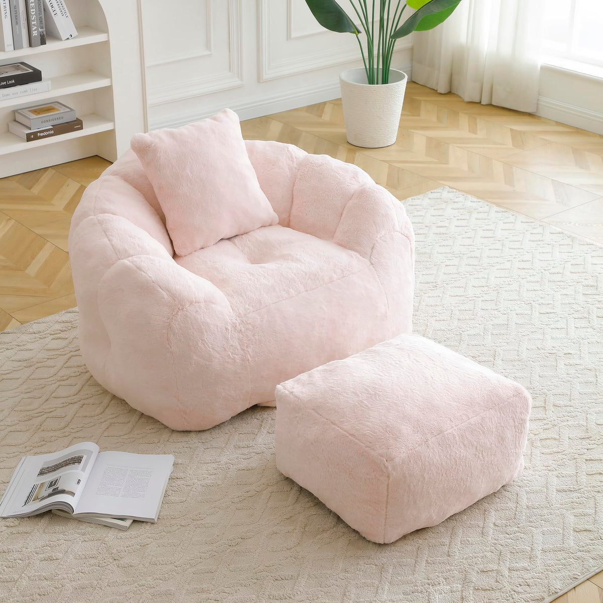 Giant Bean Bag Chair for Adults, Memory Foam Filler Big Stuffed Accent Sofa with Footstool, Faux Fur Shell-Shaped Lounge Chair for Bedroom, Gaming, Reading - Indoor Beanbag Couch for Kids (Light Blue)