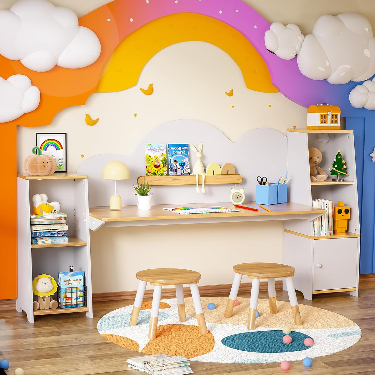 Betterhood Kids Study Desk and Chair Set with Storage, Student Study Desk, Children Study Table and Chair Set, Kids Study Desk with Bookshelves and 2 Stools, Ages 3-8, Boys, Girls, Toddler, Bedroom