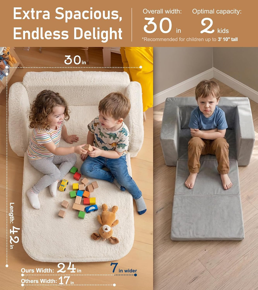 little dove 2-in-1 Sherpa Fold Out Kids Couch, Extra Wide Comfy Kid Chair, Convertible Kids Sofa, Foldable Kid Couch with High Density Foam for Boys & Girls, Beige