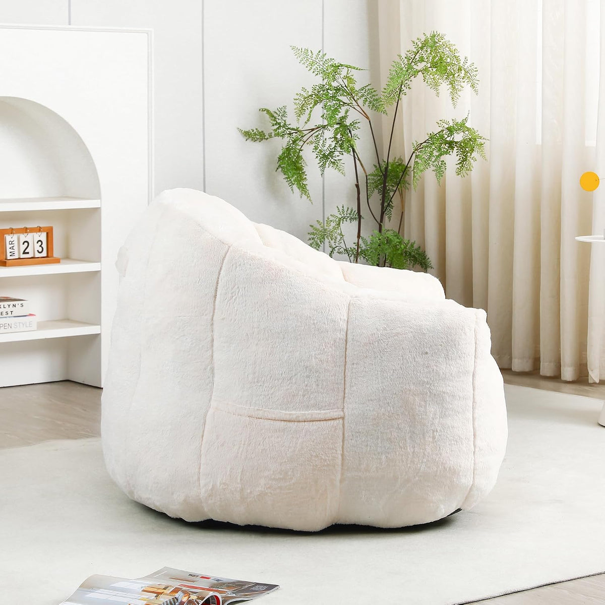 White Big Bean Bag Chairs for Adults Kids with Armrests, Faux Fur Bean Bag Chairs for Teens, Oversized Lazy Bean Bags Sofa Fluffy Floor Lounge Chair, Large Bean Bag Couch for Bedroom