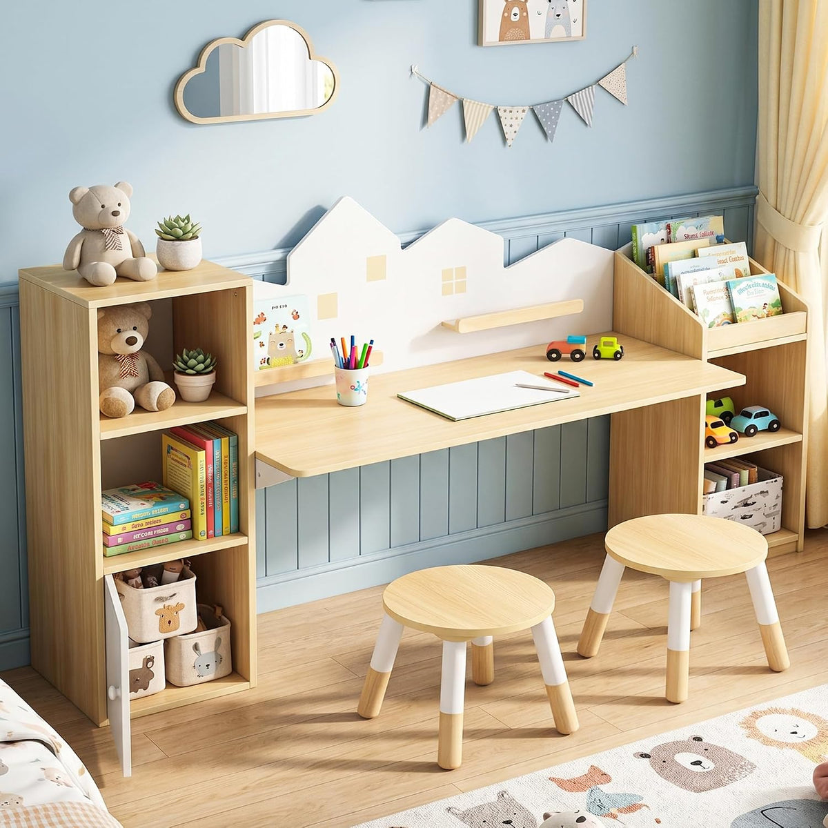 Wooden Kids Study Desk with Storage and 2 Stools, Kids Study Desk and Chair Set, Children Study Table with Bookshelves, Boys & Girls Study Desk for Ages 3-8, Bedroom, Toddler (House)