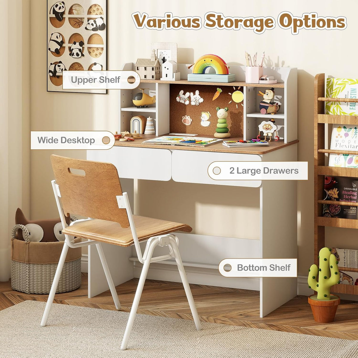 HONEY JOY Kids Study Desk w/Hutch, Cork Bulletin Board & 2 Drawers, Writing Table w/Charging Station & 5-Level Adjustable Shelves, Multifunctional Student Desk for Boys and Girls Aged 8-12