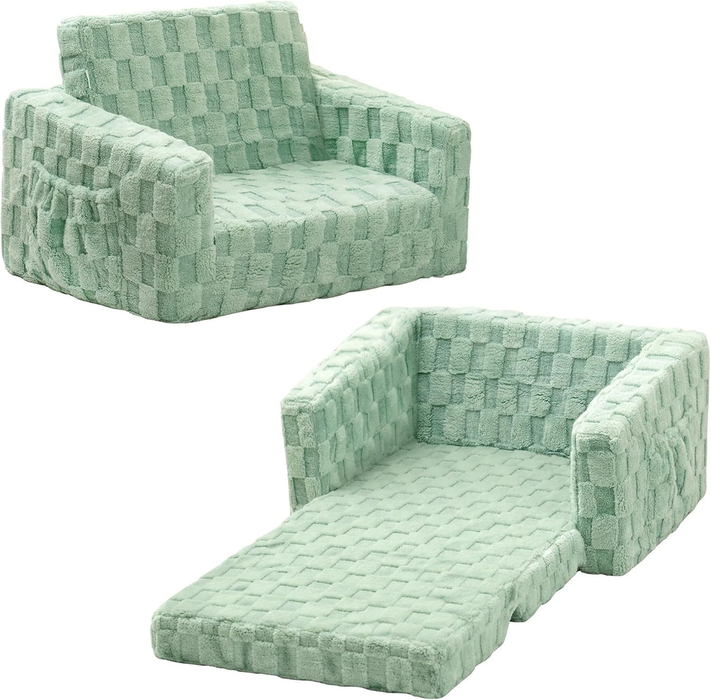 Toddler Couch for Kids, 2-in-1 Kids Fold Out Couch with Flip Open Sofa Lounger, Soft Flannel Kids Sofa Chair for Playroom Bedroom, Green