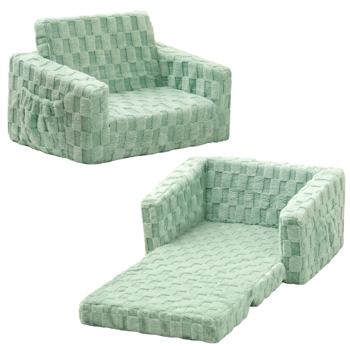 Toddler Couch for Kids, 2-in-1 Kids Fold Out Couch with Flip Open Sofa Lounger, Soft Flannel Kids Sofa Chair for Playroom Bedroom, Green