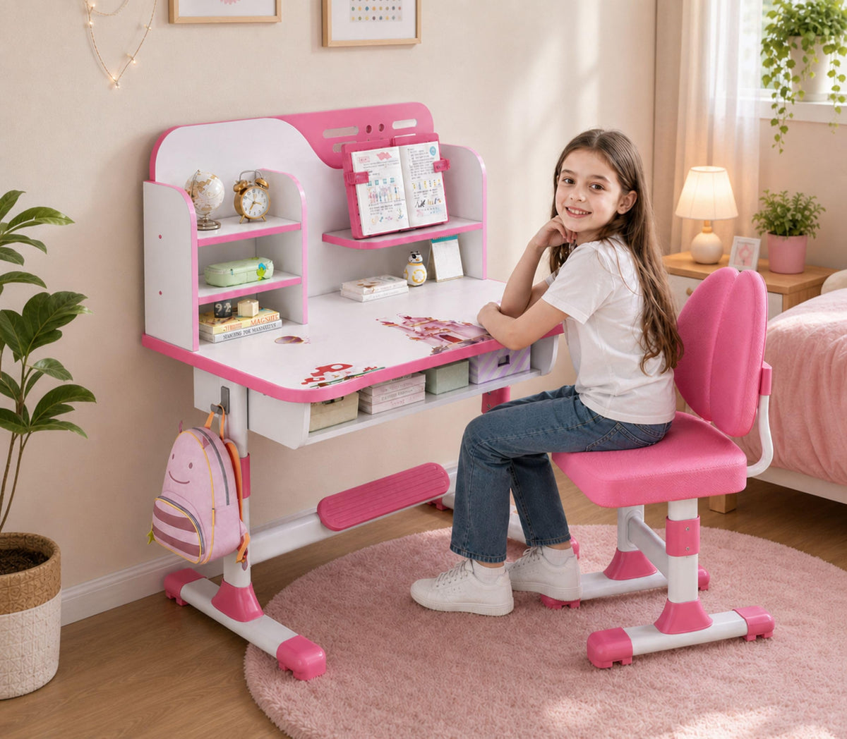 HEVIRGO Kids Desk and Chair Set, Height Adjustable Study Table with Drawer